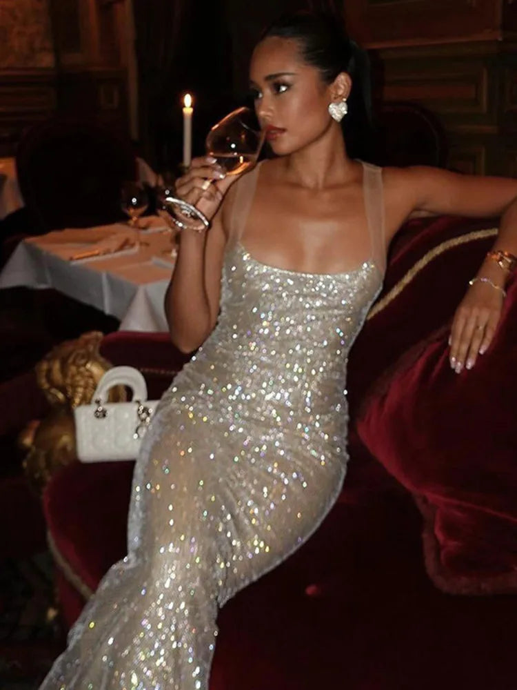 Sequin maxi dress with open back - SPARKLE
