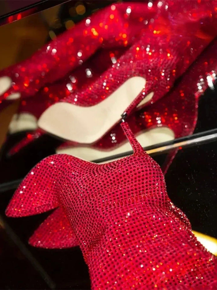 High Pointed Heel Boots with Sparkling Rhinestone Design - Josie