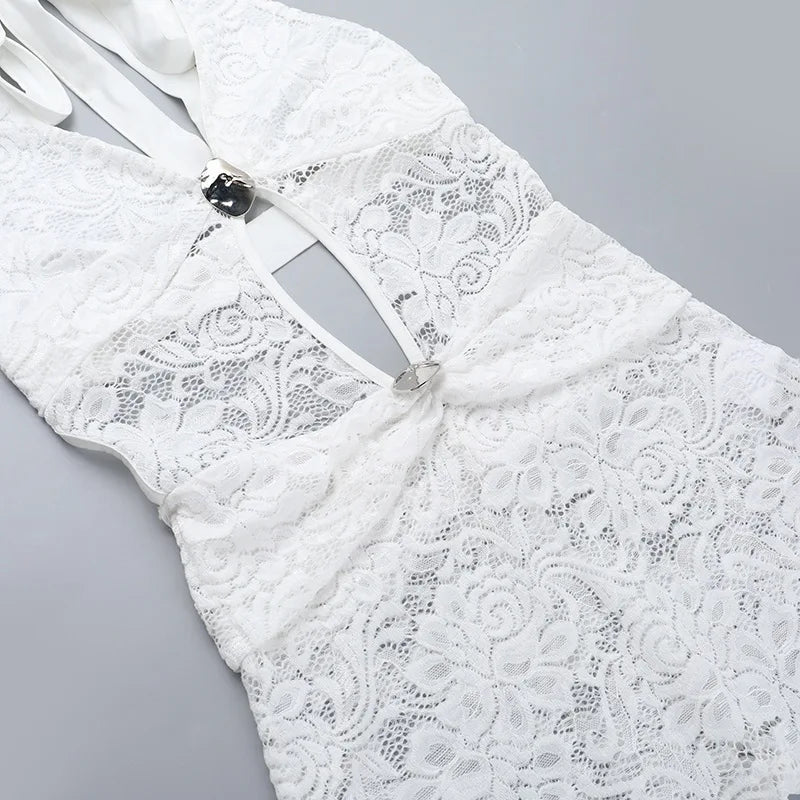 Long lace jumpsuit with open back and buckle details - Brighton