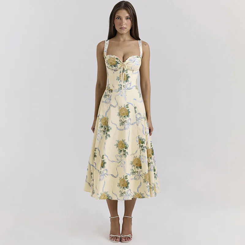 Elegant floral print midi A-line dress - Florine