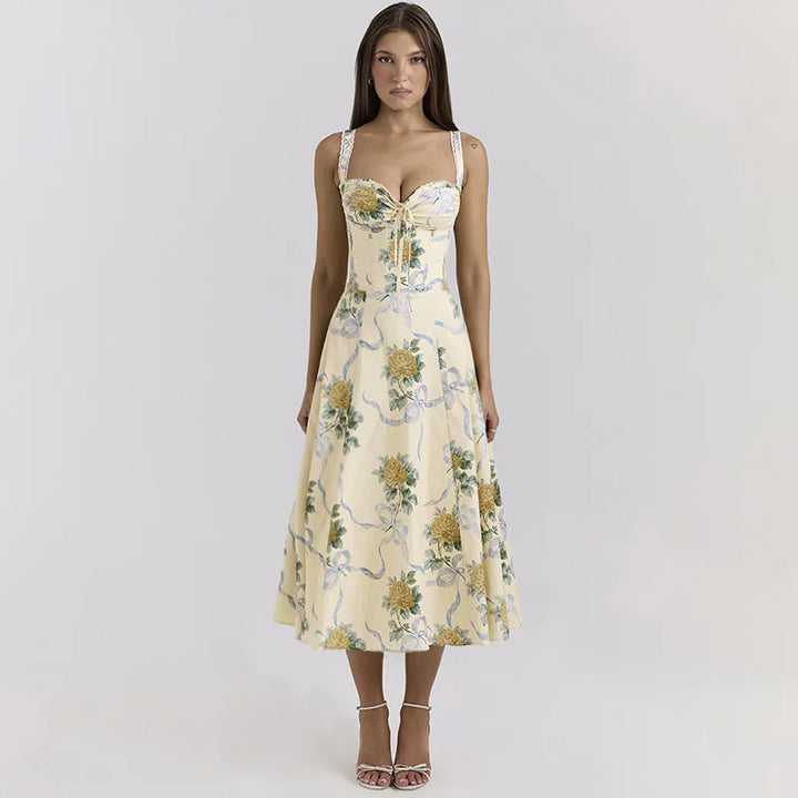 Elegant floral print midi A-line dress - Florine