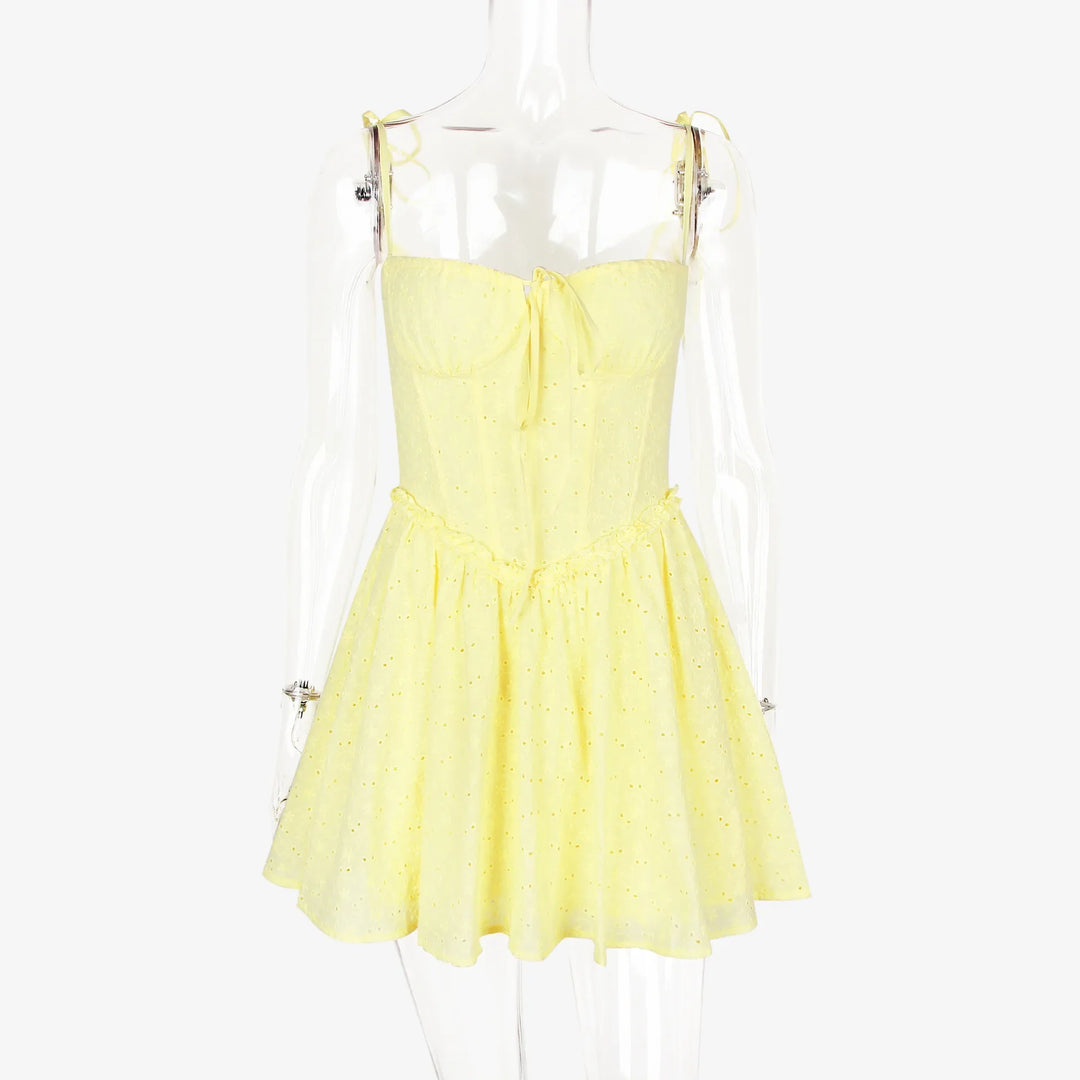 A-Line Mini Dress with Embroidery and Tie Straps - GAYA