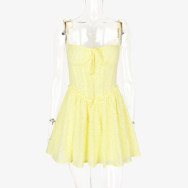 A-Line Mini Dress with Embroidery and Tie Straps - GAYA