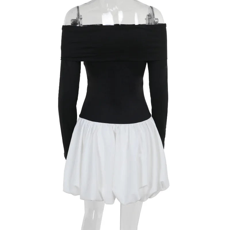 Monochrome balloon mini dress with bare shoulders - Lis