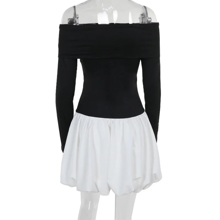 Monochrome balloon mini dress with bare shoulders - Lis