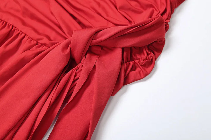 Ruched Maxi Dress with Tie Decoration, Open Back, and Deep V Neckline - Peleg
