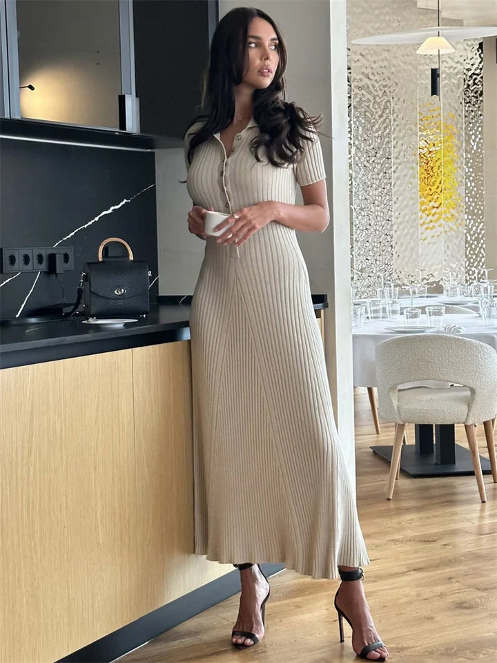 Knitted Maxi Dress with Elegant Design and Button Decoration - Ivanna