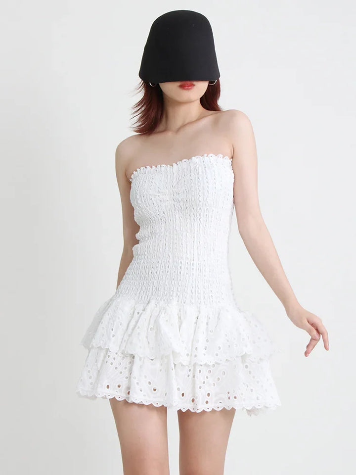 Strapless Mini Dress with Ruching and Ruffle - Diane