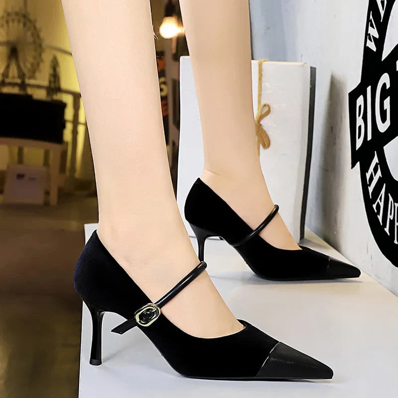 Pointed Heel Shoes with Velvet and Faux Leather Buckle Decoration - Mabel
