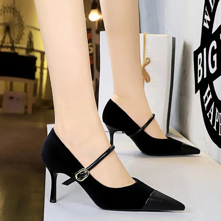 Pointed Heel Shoes with Velvet and Faux Leather Buckle Decoration - Mabel