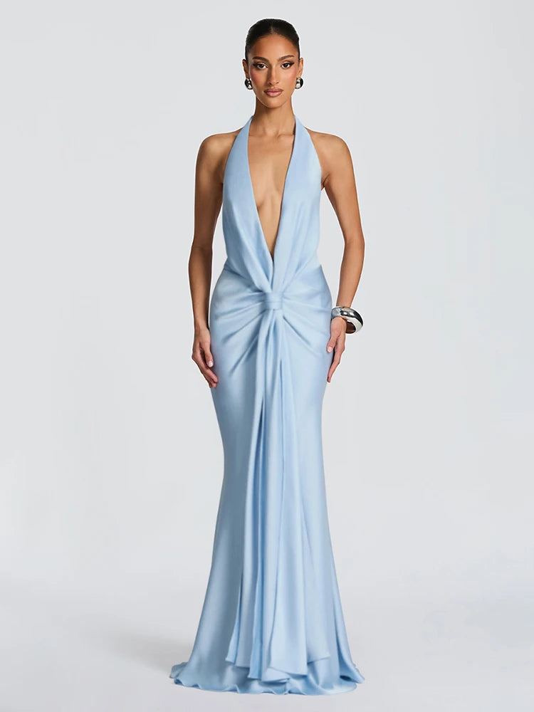 Satin Maxi Dress with V-Neck, Pleats, and Open Back - Shannon