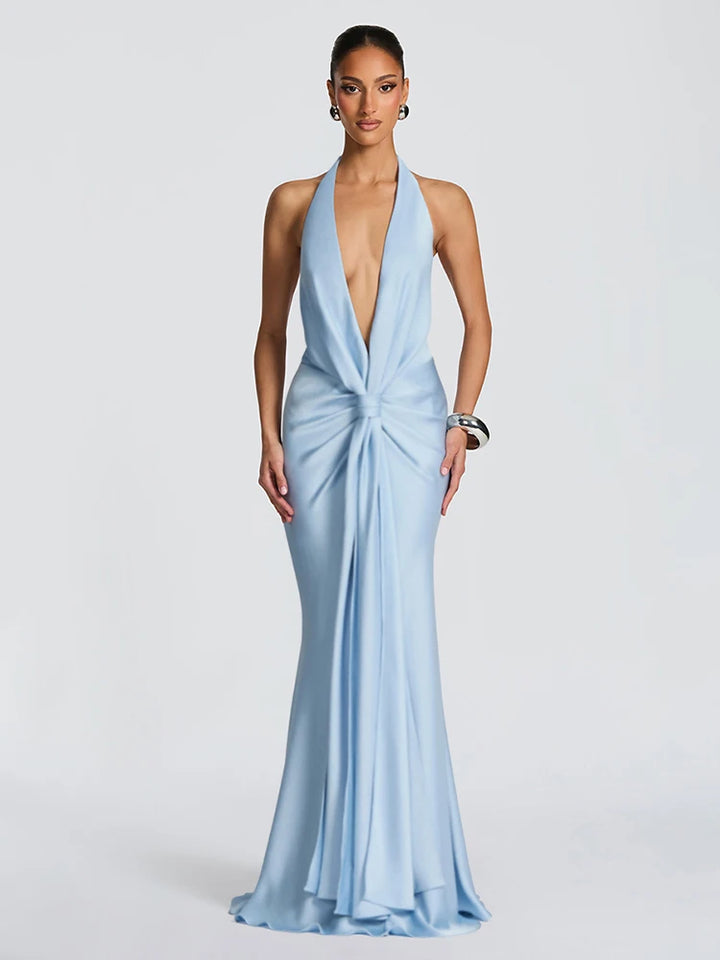 Satin Maxi Dress with V-Neck, Pleats, and Open Back - Shannon