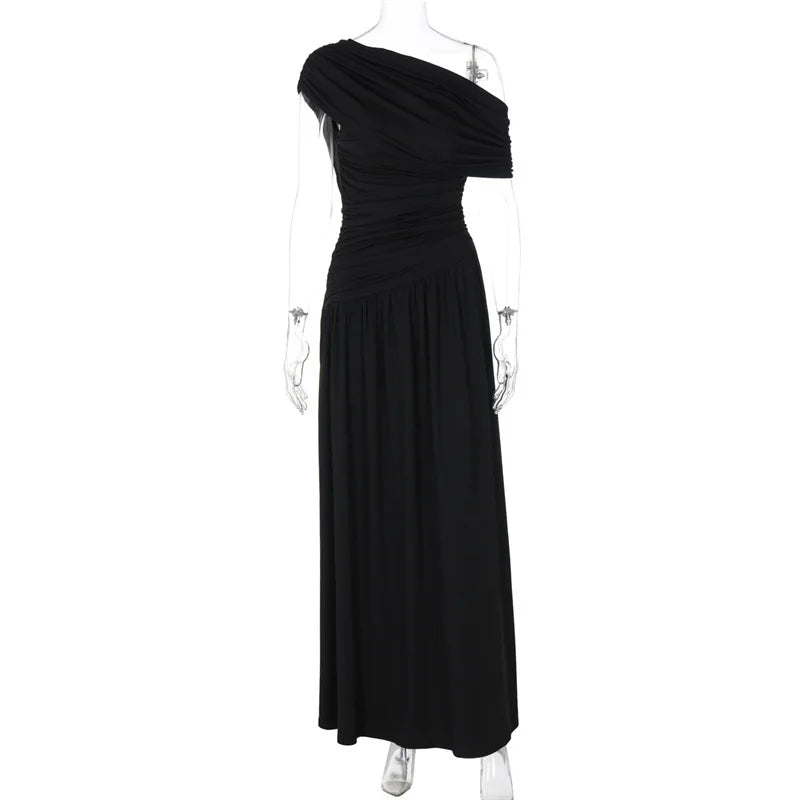 Elegant maxi pleated dress with one shoulder exposed - Maylin