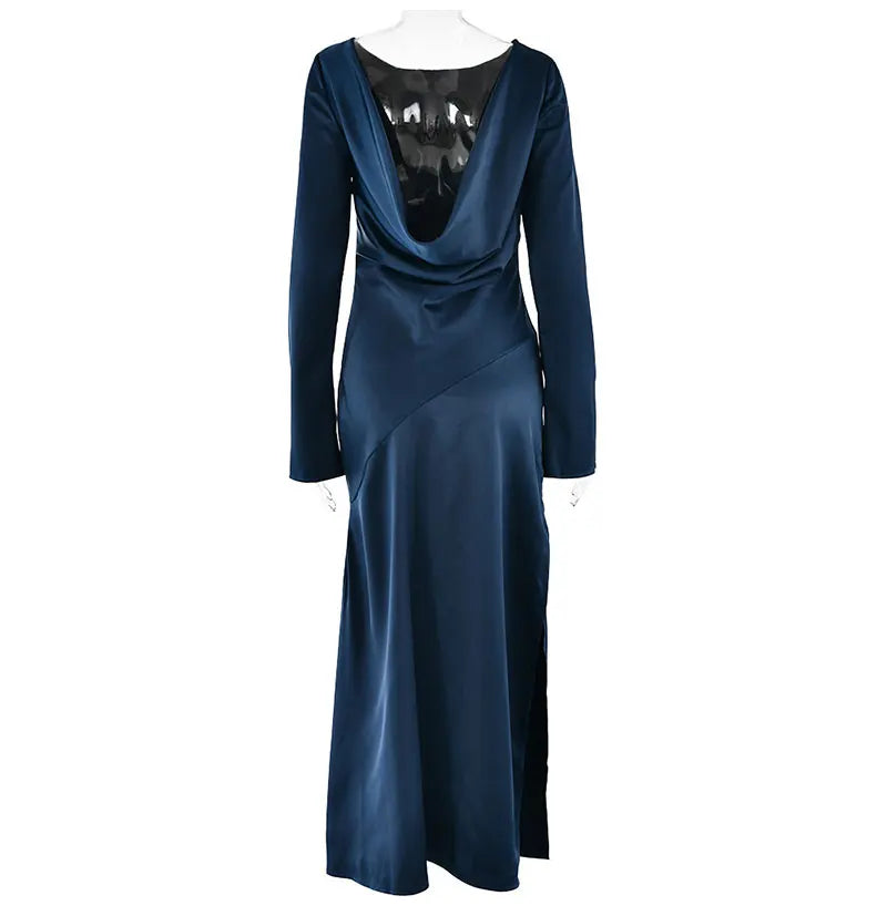 Maxi satin evening dress with open back, slit, and bell sleeves - Marian