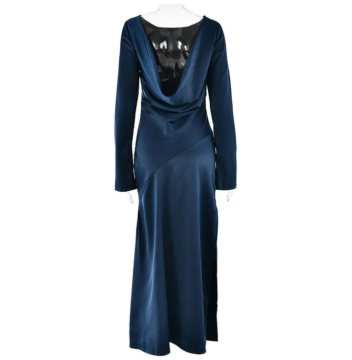 Maxi satin evening dress with open back, slit, and bell sleeves - Marian