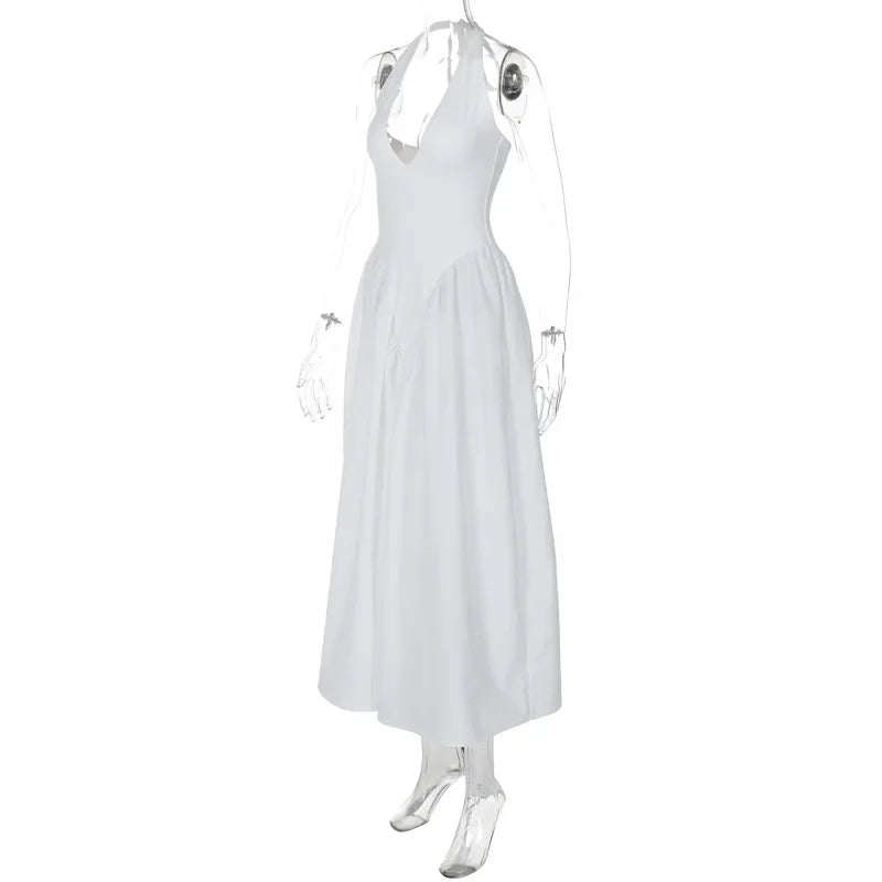 Midi A-line Dress with Neck Tie and Open Back - Makenna