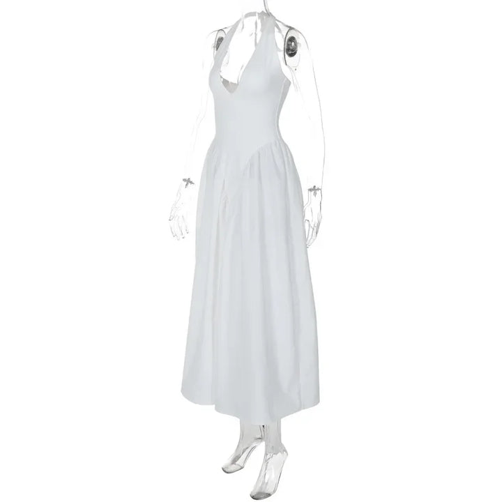 Midi A-line Dress with Neck Tie and Open Back - Makenna