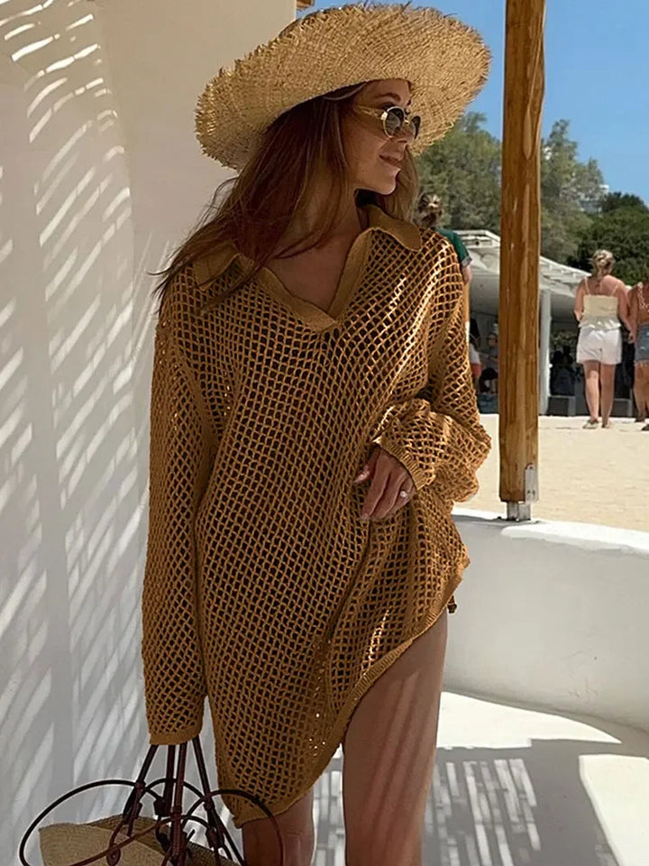 Mesh Mini Beach Dress with Polo Collar Design - Indie
