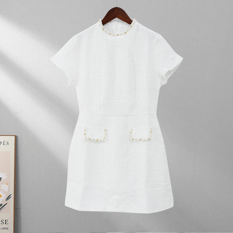 Elegant Mini Dress with Short/Long Sleeves, Tailored Style, Woven Fabric with Sequin and Pearl Embellishment - Lucia