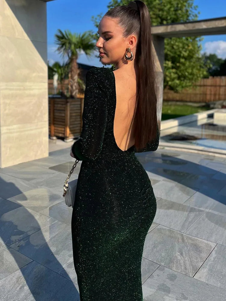 Fitted Midi Sequin Dress with Open Back - Rosemary