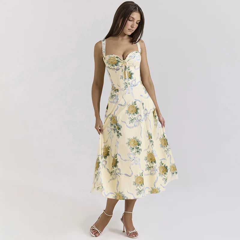 Elegant floral print midi A-line dress - Florine