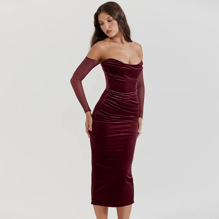 Velvet midi dress with pleats, off-shoulder, and mesh sleeves - Johanna