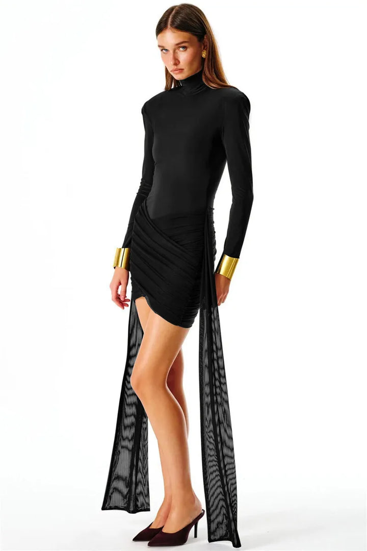 Mini turtleneck dress with chiffon ruched bottom, cross cut, and chiffon ruffle decoration - Marina