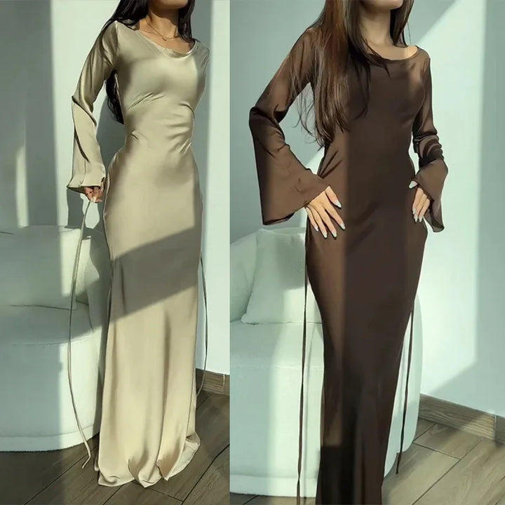 Satin maxi dress with back tie for waist fitting - Odel