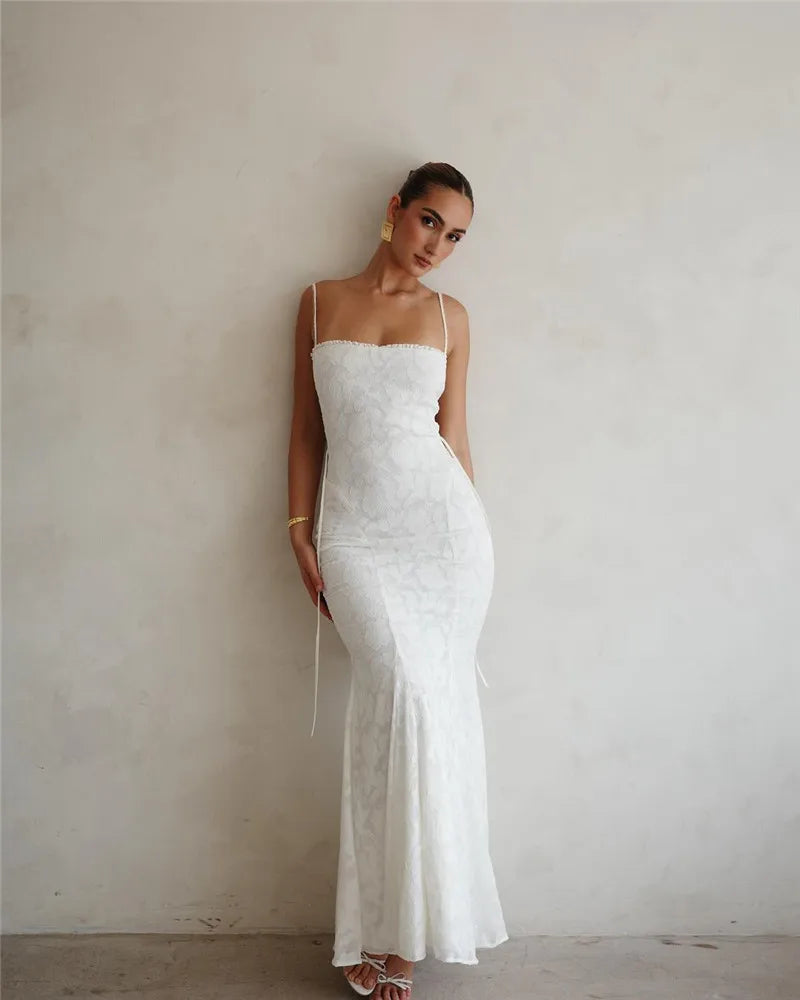 Chiffon Maxi Dress with Leaf Embroidery and Back Tie Design - BLANCA