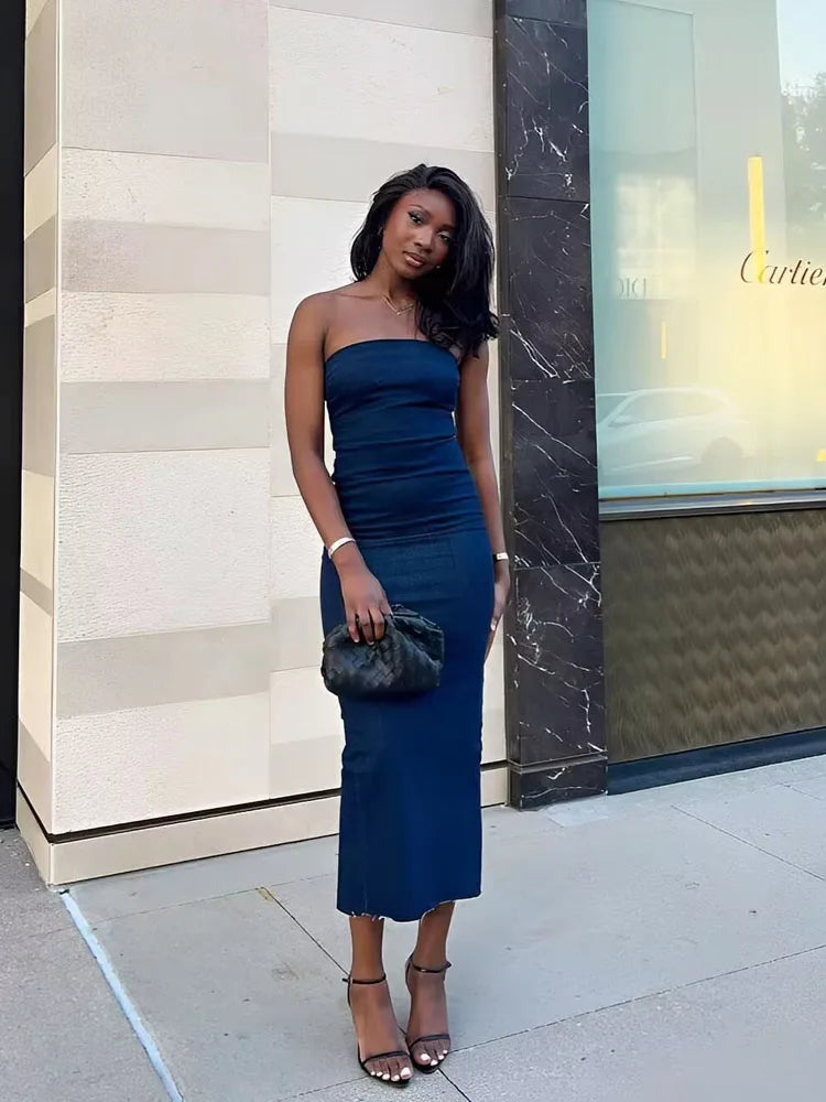 Fitted Strapless Denim Midi Dress - Richie