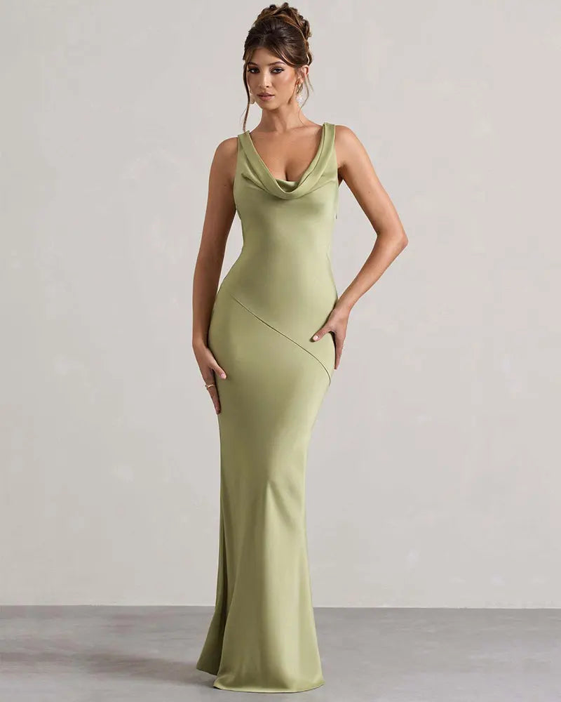 Maxi satin dress with draped collar and open back - Alexis