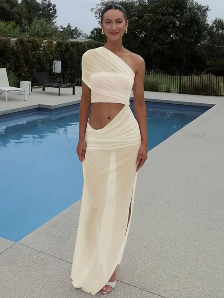 Asymmetric Chiffon Maxi Dress with Slit - Shi Lin