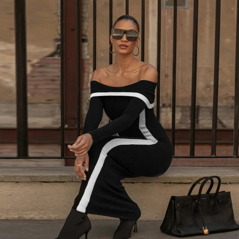 Off-shoulder maxi dress with contour line decoration - Katie