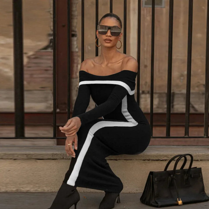 Off-shoulder maxi dress with contour line decoration - Katie