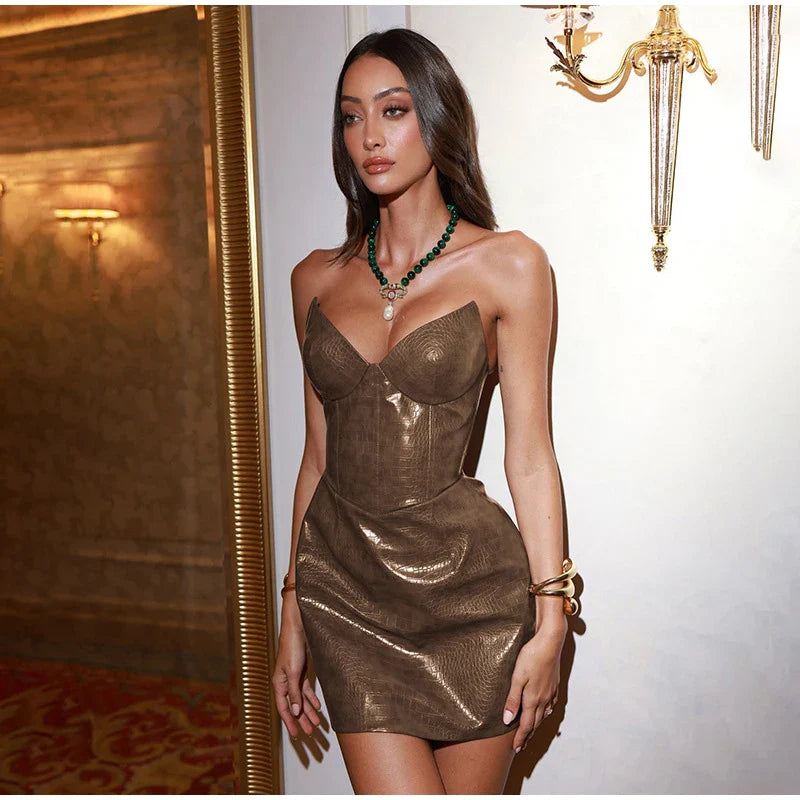 Strapless Faux Leather Mini Dress with Corset Design - Kailani