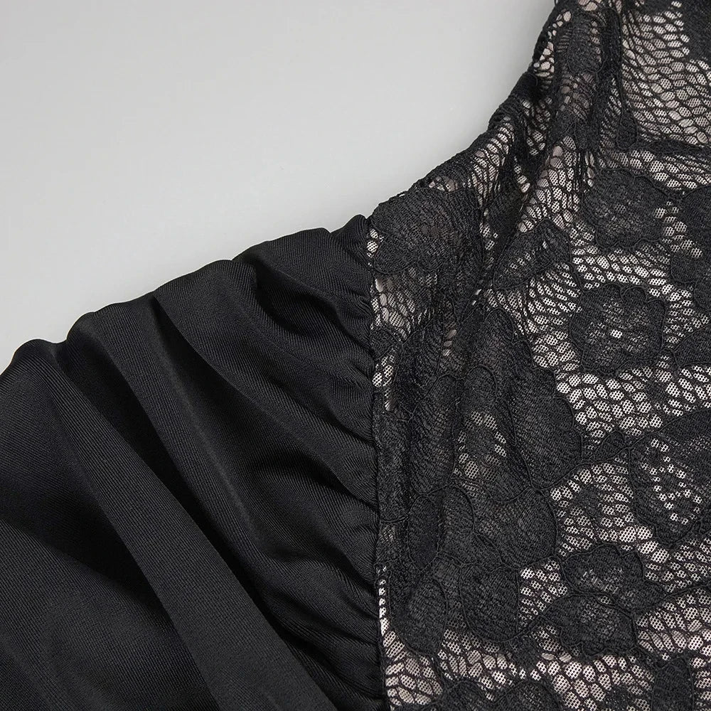 Maxi Dress with Ruching, Collar Cut, Opaque Lace Design, and Open Back - Elliana