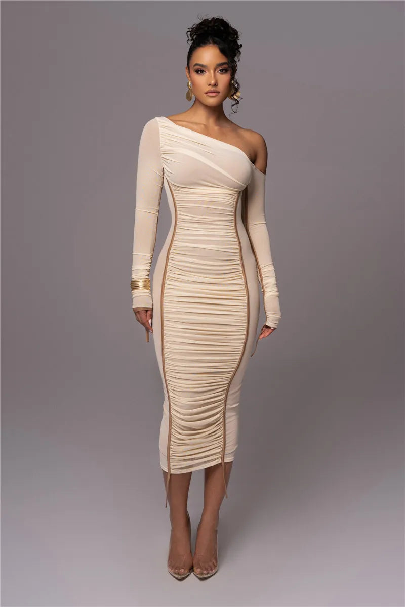 Midi ruched dress with asymmetrical neckline - LOV