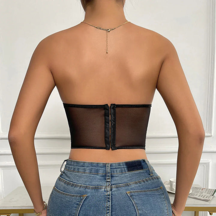 Strapless Mesh Top with Floral Embroidery - Noya Lee