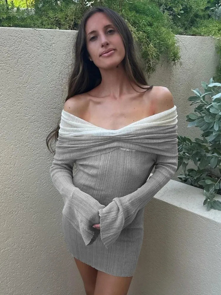 Knitted mini dress with off-shoulder ruching and bell sleeves - Belle