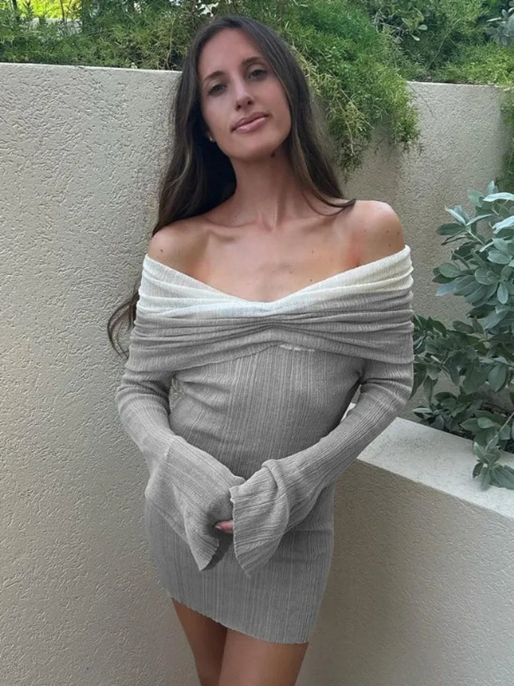 Knitted mini dress with off-shoulder ruching and bell sleeves - Belle