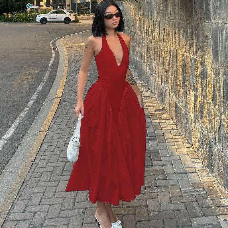 Midi A-line Dress with Neck Tie and Open Back - Makenna