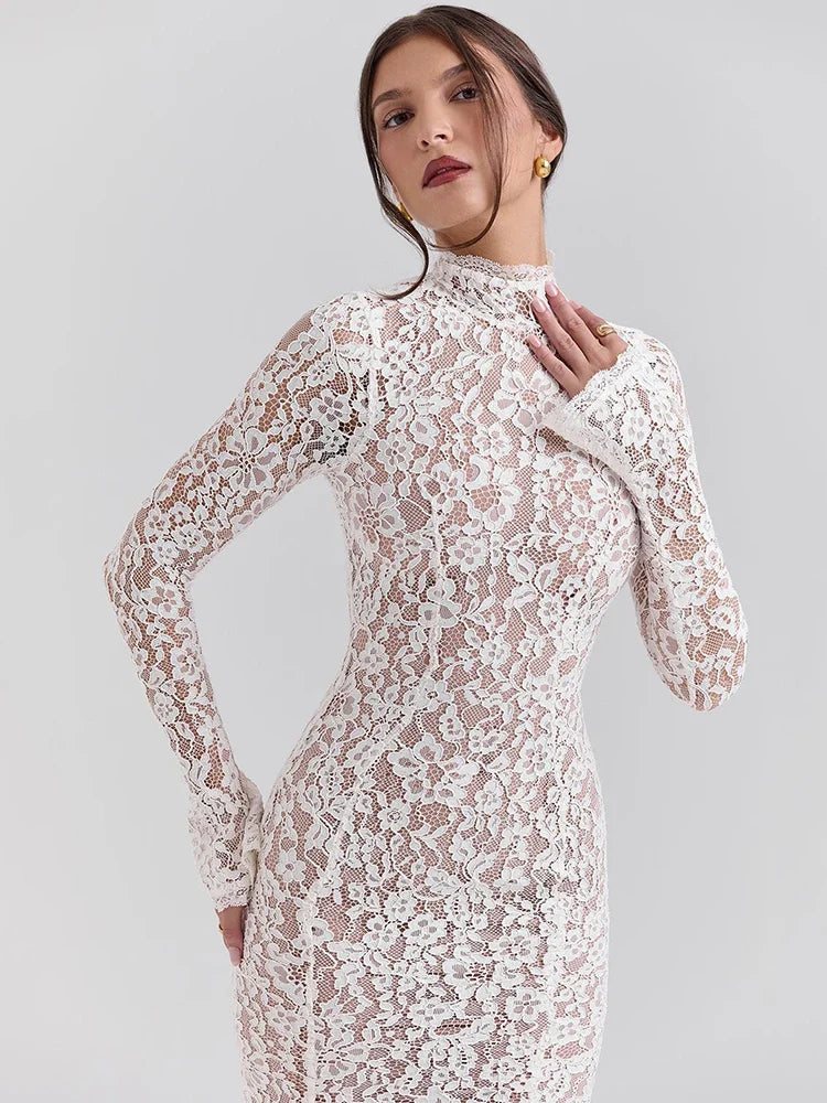 Midi lace dress with half turtleneck - Avia