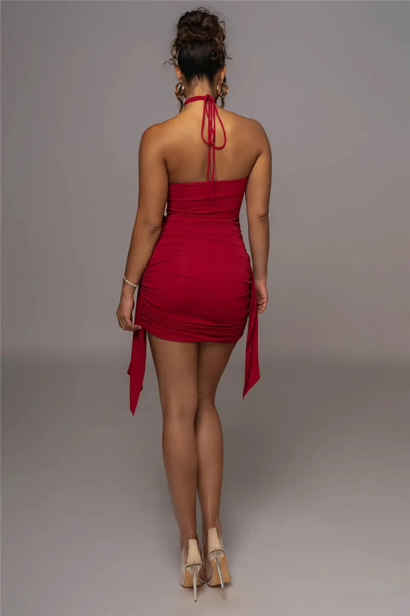 Ruched mini dress with neck tie and floral appliqué - Jasmina