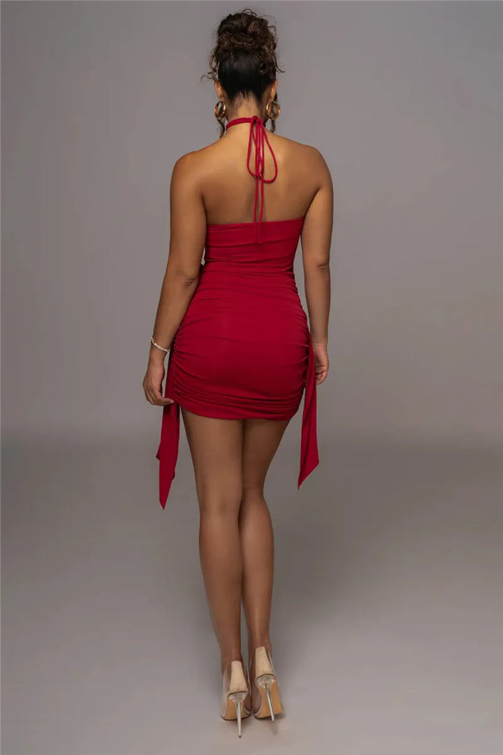 Ruched mini dress with neck tie and floral appliqué - Jasmina