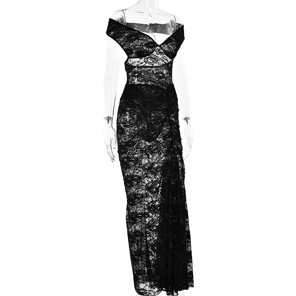 Maxi Lace Dress with Off-Shoulder and Slit Design - Emiliana