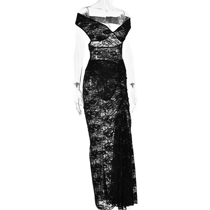 Maxi Lace Dress with Off-Shoulder and Slit Design - Emiliana