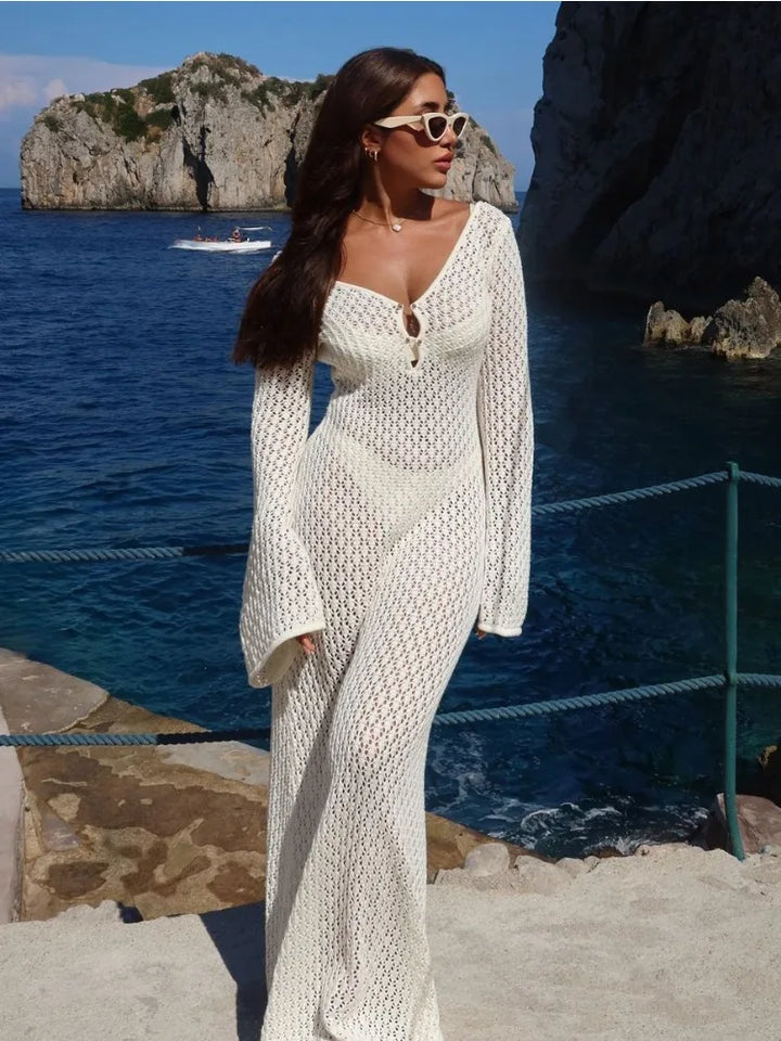 Knitted Maxi Beach Dress with Open Back and Pearl Pin Decoration - Lina