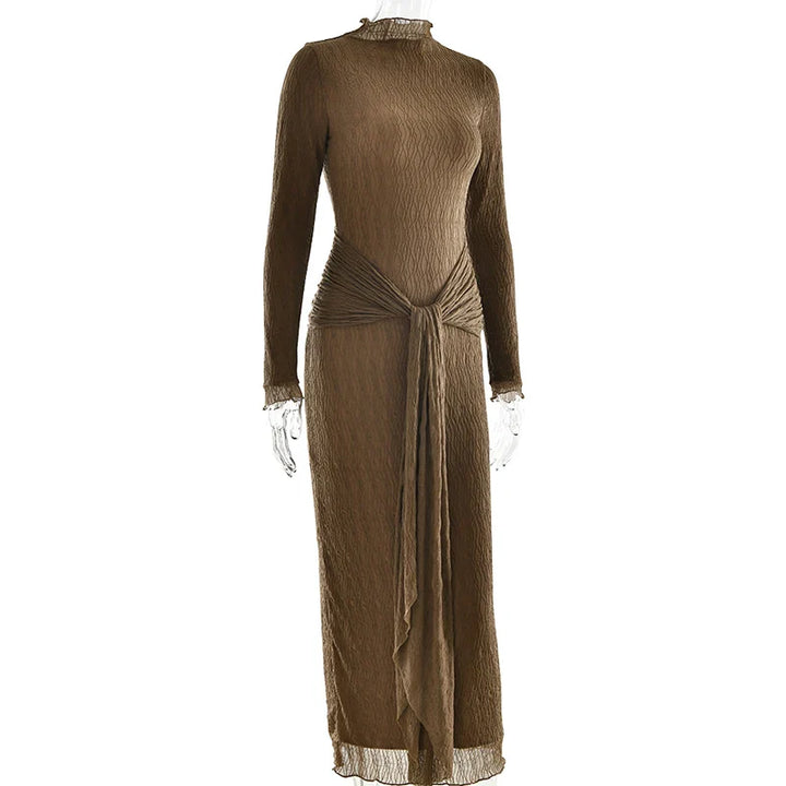 Maxi dress with ruching, tie decoration, and turtleneck collar - Halsey