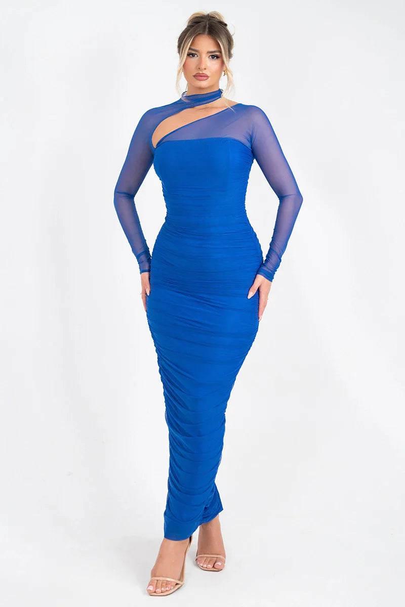 Maxi dress with ruching in shaping fabric and mesh sleeves - LIBAR