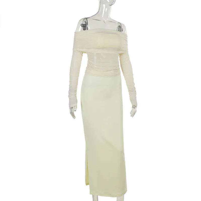 Two-piece set: maxi skirt and off-shoulder mesh top - Blina